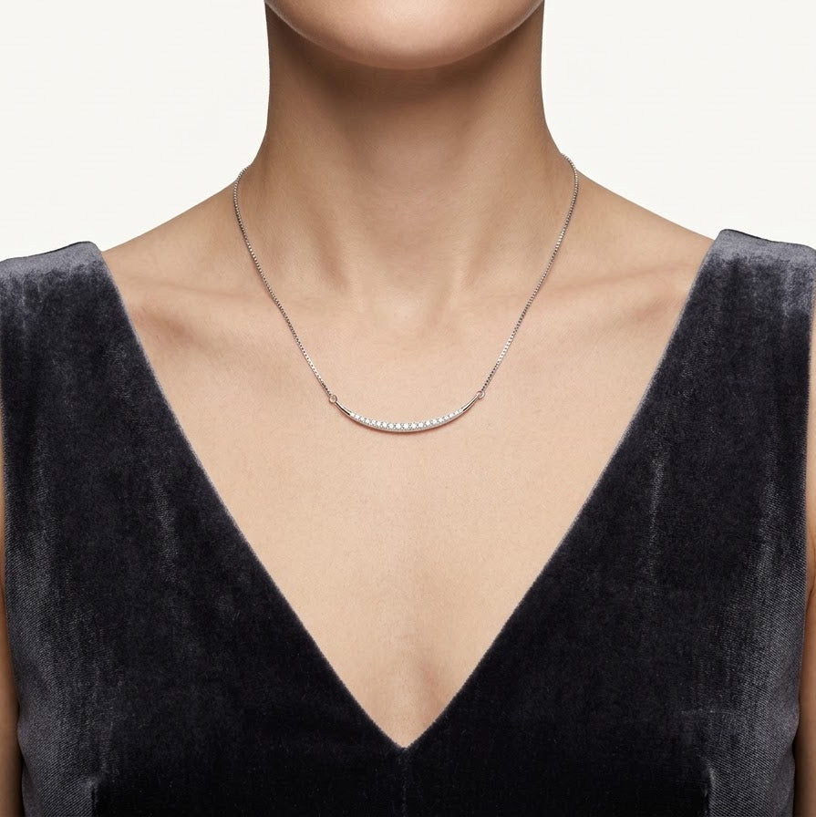 Silver Curved Crystal Bar Necklace – Minimalist Sparkling Jewellery