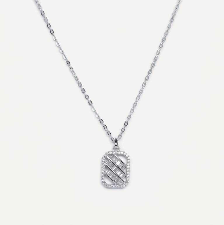 Elegant Rectangular Sparkle Pendant Necklace – Silver Tone