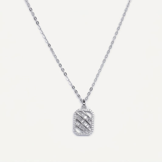 Elegant Rectangular Sparkle Pendant Necklace – Silver Tone
