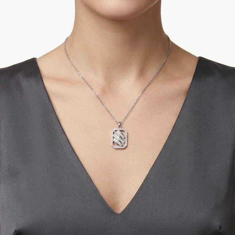 Elegant Rectangular Sparkle Pendant Necklace – Silver Tone