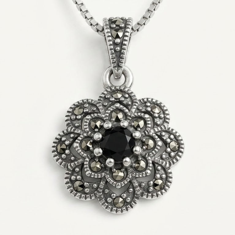 Silver Floral Black Stone Pendant Necklace