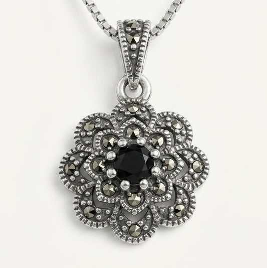 Silver Floral Black Stone Pendant Necklace