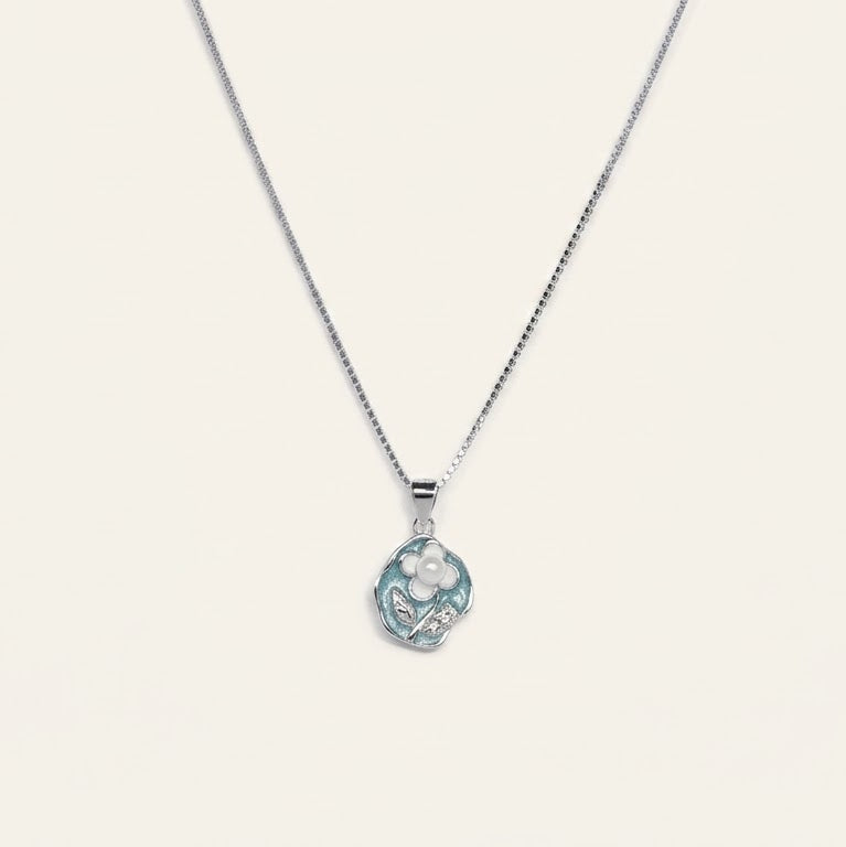 Silver Blue Enamel Flower Pearl Pendant Necklace