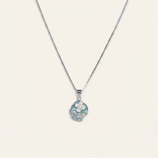 Silver Blue Enamel Flower Pearl Pendant Necklace