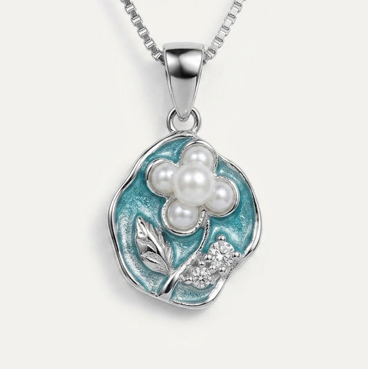 Silver Blue Enamel Flower Pearl Pendant Necklace