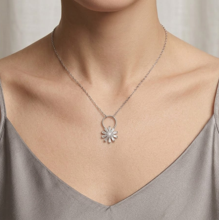 Elegant Silver Sunburst Flower Pendant Necklace for Women
