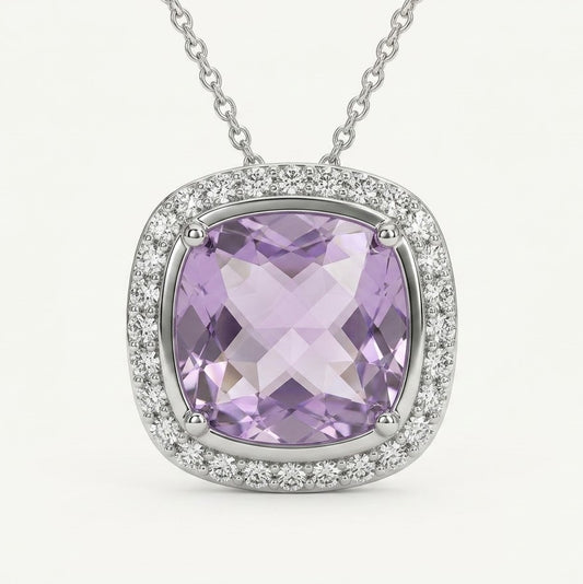 Elegant Silver Purple Gemstone Halo Pendant Necklace