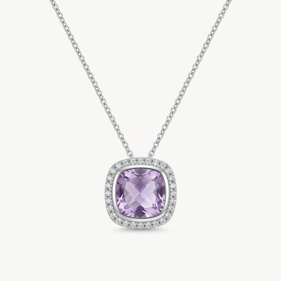 Elegant Silver Purple Gemstone Halo Pendant Necklace