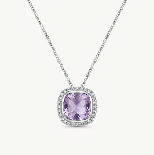 Elegant Silver Purple Gemstone Halo Pendant Necklace