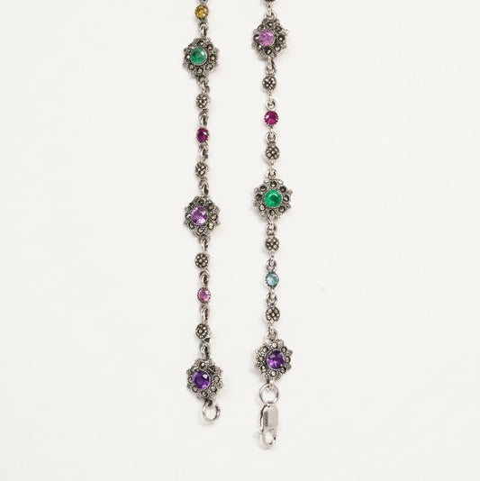Multicolor Gemstone Floral Anklet – Vintage-Inspired Silver Jewellery
