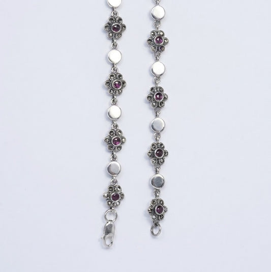 Pearl & Garnet-Style Floral Silver Anklet – Vintage Link Design