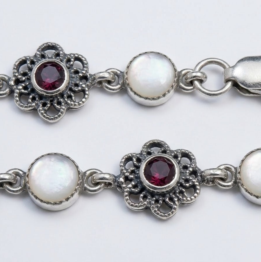 Pearl & Garnet-Style Floral Silver Anklet – Vintage Link Design