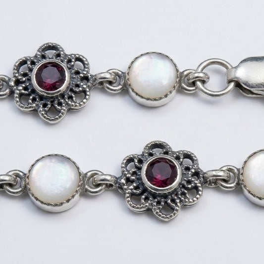 Pearl & Garnet-Style Floral Silver Anklet – Vintage Link Design