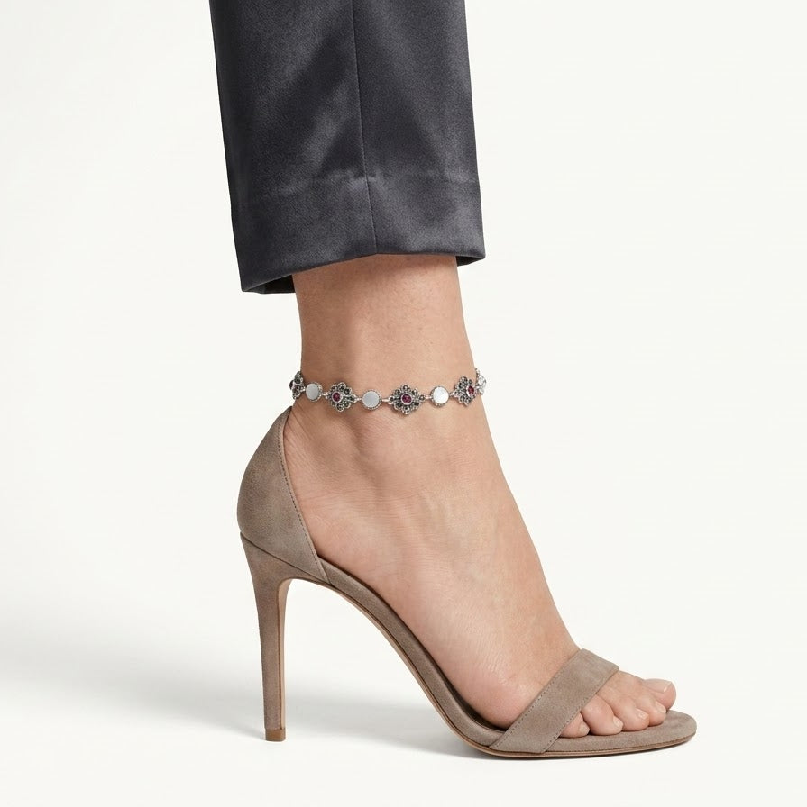 Pearl & Garnet-Style Floral Silver Anklet – Vintage Link Design